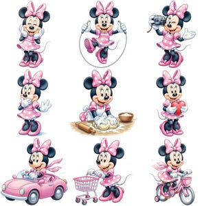 May include: A collection of nine illustrations of Minnie Mouse in various poses. She is wearing a pink dress with white polka dots, a matching bow, and black shoes. The illustrations show her jumping rope, baking, driving a car, and more.