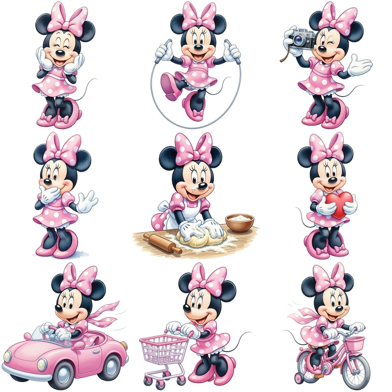 May include: A collection of nine illustrations of Minnie Mouse in various poses. She is wearing a pink dress with white polka dots, a matching bow, and black shoes. The illustrations show her jumping rope, baking, driving a car, and more.