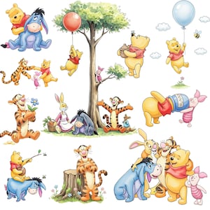May include: A series of vibrant illustrations depicting Winnie the Pooh and his companions. The artwork showcases Pooh Bear, Tigger, Piglet, Eeyore, and Rabbit in various scenes, including holding balloons, enjoying honey, and interacting. The style is reminiscent of classic children's book illustrations.