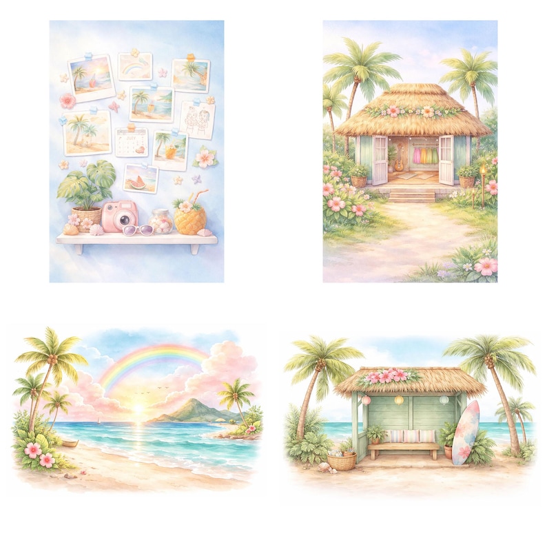 Peut inclure: Illustrations &agrave; l'aquarelle de sc&egrave;nes tropicales. L'une repr&eacute;sente une &eacute;tag&egrave;re avec des photos, un appareil photo et une boisson &agrave; l'ananas. Une autre montre une cabane de plage avec un toit de chaume. Une troisi&egrave;me montre une plage avec un arc-en-ciel. La derni&egrave;re montre une cabane de plage avec une planche de surf.