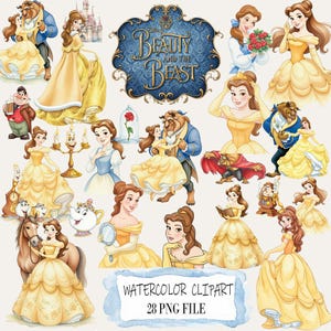 Puede incluir: Una colección de imágenes prediseñadas de acuarela con personajes y elementos de "La Bella y la Bestia" de Disney. Las imágenes incluyen a Bella con su vestido de baile amarillo, la Bestia y otros personajes. También está presente el texto "WATERCOLOR CLIPART 28 PNG FILE".