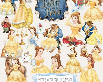 Beauty and the Beast Watercolor Clipart PNG Bundle, Princess Belle Clipart, Fairytale Sublimation Design, Birthday Printable