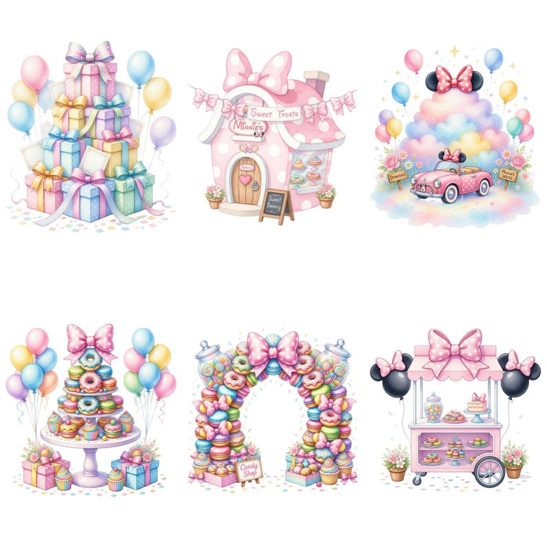 May include: A collection of watercolour illustrations featuring gift boxes, a pink bakery, a pink car, a dessert tower, a candy shop arch, and a dessert cart. Each image uses bows, balloons, and pastel colours for a whimsical theme.