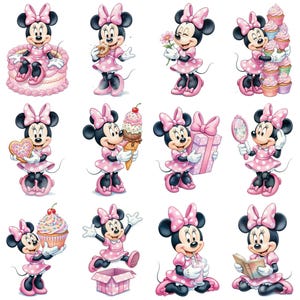 May include: Twelve illustrations of Minnie Mouse in different poses. Minnie is depicted in a pink polka-dot dress and bow, holding items such as a cake, donut, flower, cupcakes, heart-shaped cookie, ice cream cone, gift, mirror, cupcake, open box, drink, and book.