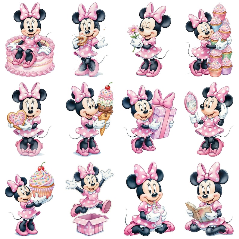 May include: Twelve illustrations of Minnie Mouse in different poses. Minnie is depicted in a pink polka-dot dress and bow, holding items such as a cake, donut, flower, cupcakes, heart-shaped cookie, ice cream cone, gift, mirror, cupcake, open box, drink, and book.
