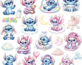 93+ Baby Stitch PNG Bundle, Cute Blue Alien Nursery Clipart, Cartoon Baby Shower Design, Sublimation PNG, Kids Decor Digital Download