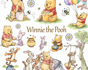 Winnie de Pooh aquarel clipart, afbeeldingen voor kinderfeestjes (digitale download)
