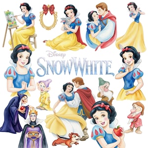 Può includere: Illustrazioni ad acquerello di Biancaneve e personaggi correlati. Le immagini includono Biancaneve con il principe, i sette nani, la regina cattiva e altri elementi del film Disney. Il titolo "Snow White" è anch'esso visualizzato.