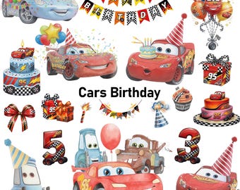 Auto's Verjaardag Clipart Bundel, Aquarel PNG-bestanden, Raceauto Feestdecoratie, Direct Downloaden, Auto's Aquarel Clipart