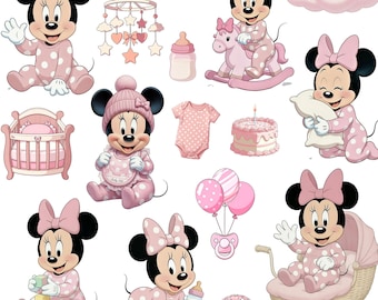 40+ Baby Minnie Watercolor,  Soft Pink Pastel Theme, Minnie Baby Shower Clipart, Watercolor Bundle, High Resolution 300DPI