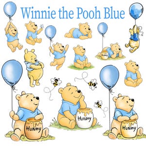 Puede incluir: Una colección de ilustraciones de Winnie the Pooh con una camiseta azul claro, sosteniendo globos azules e interactuando con tarros de miel etiquetados como Hunny. El texto Winnie the Pooh Blue aparece en la parte superior.