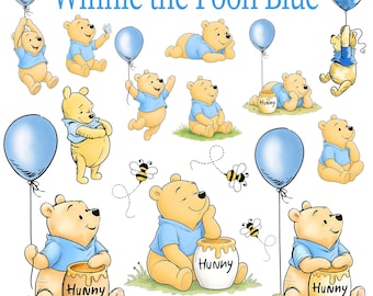 Winnie de Poeh-clipart, blauwe shirt honingpot, illustratie babyshower babyshower (300 dpi png)