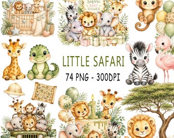 Animales de safari en acuarela PNG, imágenes prediseñadas de safari adorables, imágenes prediseñadas de león, elefante, jirafa y cebra, gráficos para decoración de baby shower, uso comercial.