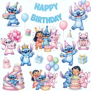 May include: A collection of watercolor illustrations featuring the character Stitch from Lilo & Stitch. The images include Stitch with birthday cakes, balloons, and party hats, along with the text "HAPPY BIRTHDAY".