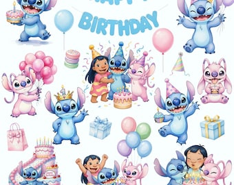 70+ Stitch Birthday Watercolor Clipart, Cute Digital Kit, Elements, 300 DPI PNG, Stitch Birthday Watercolor Collection Cute Digital Art