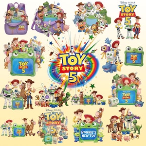 Może przedstawiać: Kolekcja grafik Toy Story 5 przedstawiająca postacie takie jak Woody, Buzz Astral, Jessie oraz zieloną ramkę w kształcie żaby. Obrazy zawierają logo Toy Story 5, kolorowe wybuchy gwiazd i tęcze, a jedna z ramek jest podpisana Bonnie's New Toy.