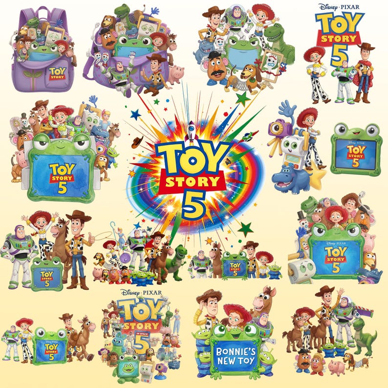 Może przedstawiać: Kolekcja grafik Toy Story 5 przedstawiająca postacie takie jak Woody, Buzz Astral, Jessie oraz zieloną ramkę w kształcie żaby. Obrazy zawierają logo Toy Story 5, kolorowe wybuchy gwiazd i tęcze, a jedna z ramek jest podpisana Bonnie's New Toy.