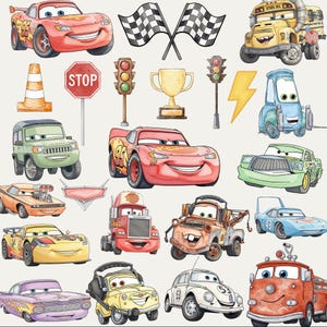 Op de afbeelding: Waterverfillustraties van verschillende tekenfilmauto's, waaronder een rode raceauto met nummer 95, een gele schoolbus en een roestige sleepwagen. Andere elementen zijn geblokte vlaggen, verkeerslichten en een stopbord.