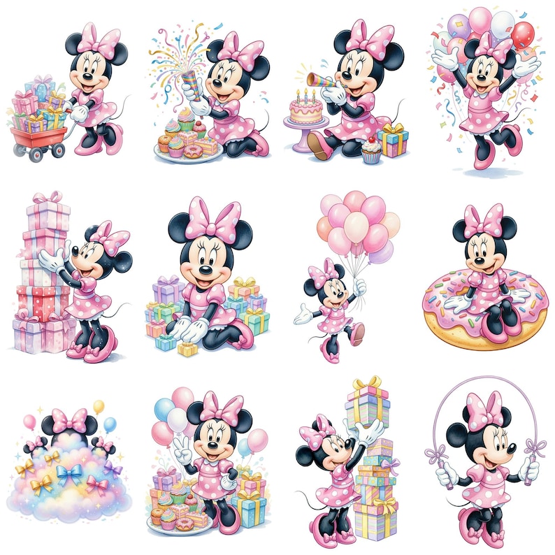 80+ Minnie Mouse Pink Birthday Watercolor Cute Digital, Elements, PNG 300 DPI, Baby Minnie Mouse Pink, Digital Kit,Clipart for Children image 4