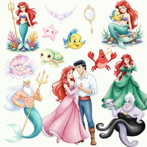 May include: A set of watercolour illustrations depicting characters and elements from a mermaid-themed story. Includes a mermaid, a prince, a crab, a fish, a turtle, a starfish, a seashell, a mirror, and a trident.