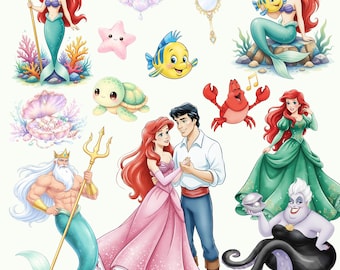 60+ Princess Ariel Watercolor Clipart Kit,  Little Mermaid, Under the Sea and Characters, Cute Watercolor Little Mermaid Digital Kit