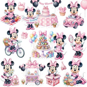 80種類以上のミニーマウスのピンクの誕生日水彩画風かわいいデジタル素材、PNG 300 DPI、ベビーミニーマウスピンク、デジタルキット、子供向けクリップアート