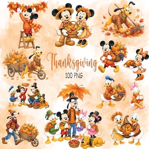 Puede incluir: Una colección de ilustraciones digitales con Mickey Mouse, Minnie Mouse, Donald Duck, Daisy Duck, Goofy y Pluto con atuendos otoñales, calabazas, hojas secas y cestas de cosecha. El texto dice Thanksgiving 100 PNG.