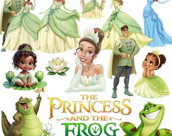 Imágenes prediseñadas PNG en acuarela de La princesa y el sapo, vestido verde de la princesa Tiana, cuento de hadas dibujado a mano (descarga digital)
