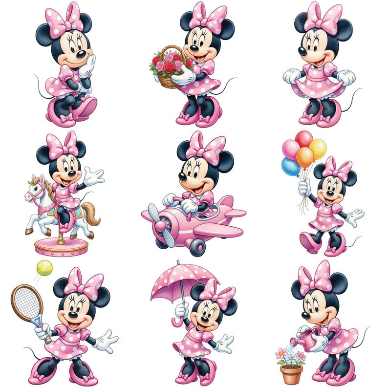May include: Nine illustrations of Minnie Mouse in various poses. She wears a pink dress with white polka dots and a matching bow. She is holding a basket of flowers, balloons, a tennis racket, and an umbrella, and riding a carousel and a pink airplane.