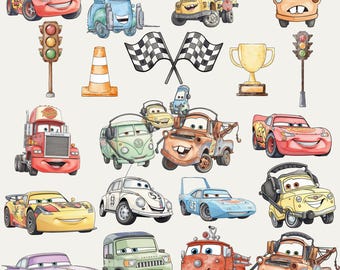 65+ Watercolor Cartoon Cars PNG Clipart Bundle for Kids Designs, Lightning Mcqueen Png, Handdrawn