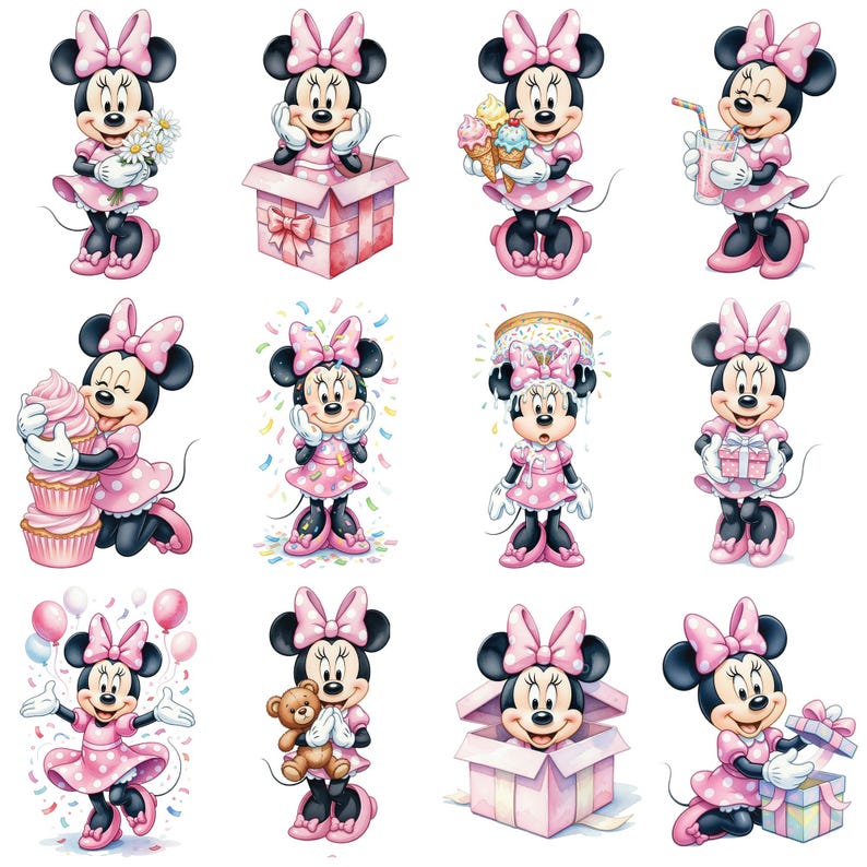 80+ Minnie Mouse Pink Birthday Watercolor Cute Digital, Elements, PNG 300 DPI, Baby Minnie Mouse Pink, Digital Kit,Clipart for Children image 5