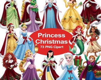 Kerstprinsessen clipart: Sneeuwwitje, Tiana, Aurora, Elsa (digitale illustratie)