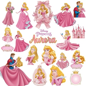 Può includere: Una collezione di illustrazioni della Principessa Aurora Disney che mostra il personaggio in varie pose, con indosso un abito rosa, insieme al Principe Filippo, un castello rosa, cornici floreali e corone, con il testo Disney Princess Aurora.