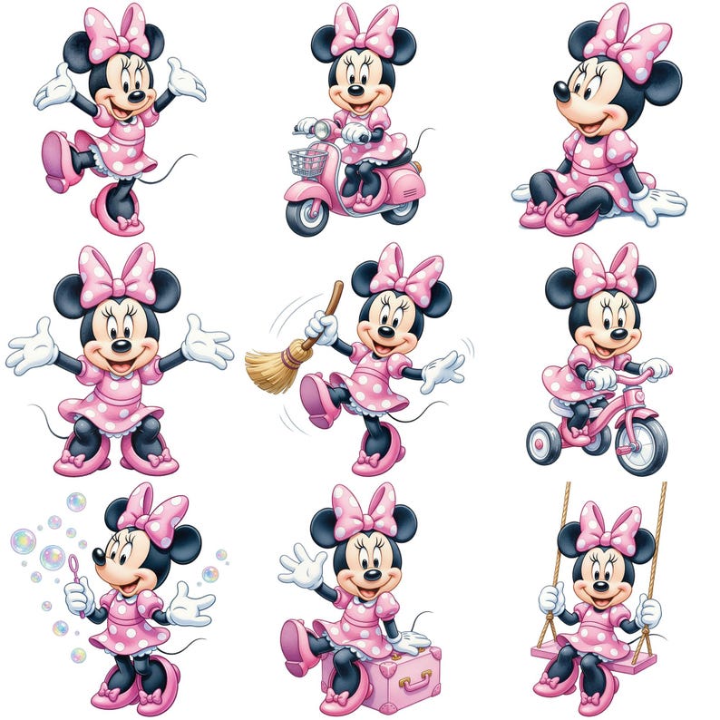 May include: A collection of nine illustrations of Minnie Mouse in various poses. Minnie is wearing a pink dress with white polka dots, a matching bow, and pink shoes. She is shown riding a scooter, a tricycle, and a swing, and also holding a broom and blowing bubbles.