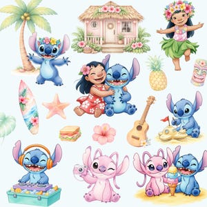 Op de afbeelding: Waterverfillustratie met personages uit een populaire animatiefilm. De afbeelding bevat een roze huis, een surfplank, een zeester, een ananas, een ukelele en verschillende stripfiguren in verschillende poses. Het kleurenpalet is zacht, met pastelkleuren.