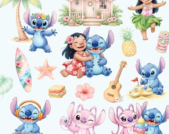 4000px 85 PNG Lilo and Stitch Watercolor Clipart Bundle PNG, Lilo and Stitch Clipart, Beach Tropical Flowers Clipart, Cute Stitch Characters