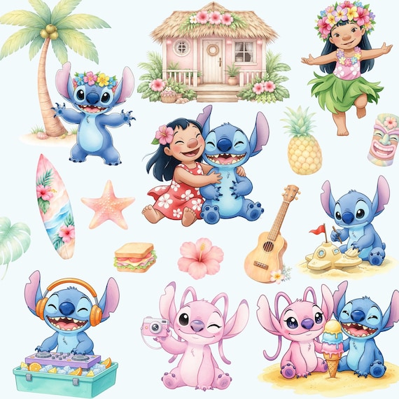 4000px 85 PNG Lilo and Stitch Watercolor Clipart Bundle PNG, Lilo and Stitch Clipart, Beach Tropical Flowers Clipart, Cute Stitch Characters