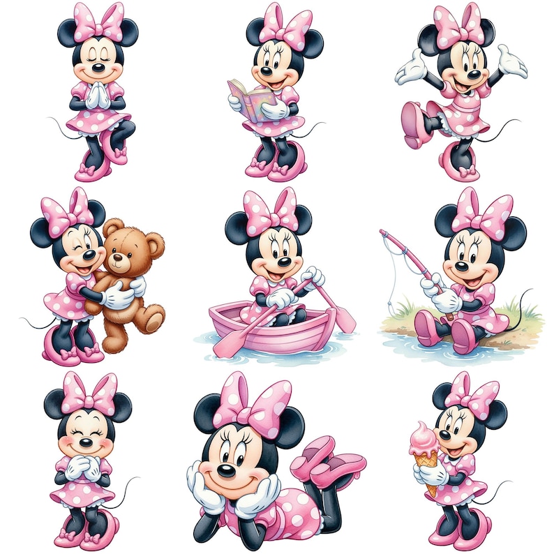 May include: A collection of nine illustrations of Minnie Mouse in various poses. Minnie is wearing a pink dress with white polka dots, a matching bow, and shoes. She is shown reading, hugging a teddy bear, rowing a boat, fishing, and holding an ice cream cone.
