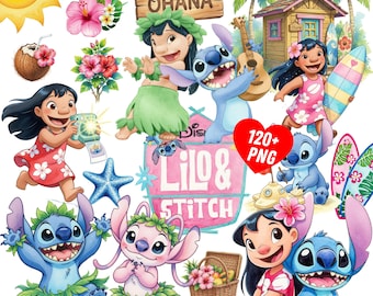 120+ Lilo and Stitch Watercolor Clipart Bundle PNG, Lilo and Stitch Clipart, Beach Tropical Flowers Clipart, Cute Stitch Characters PNG