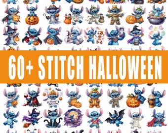 Stitch Halloween-clipart PNG-bundel – Stitch Halloween-aquarel, pompoenen– 63 png-bestanden voor sublimatie of printprojecten