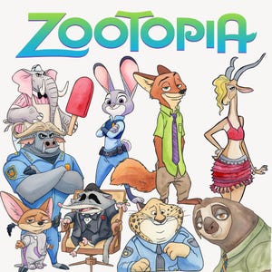 May include: Watercolor illustration featuring characters from the animated film "Zootopia." The title "Zootopia" is displayed in green and blue. The image includes a variety of anthropomorphic animals, such as a fox, rabbit, and sloth, each with unique outfits and expressions.