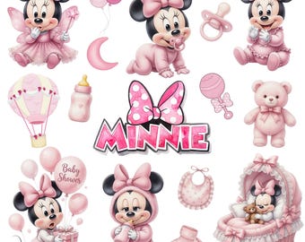Paquete de más de 100 imágenes PNG de Minnie Mouse bebé en acuarela, color rosa, imágenes prediseñadas de Disney (descarga digital)