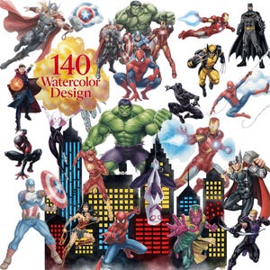 Peut inclure: Une collection de 140 motifs aquarelle représentant divers super-héros, dont Captain America, Spider-Man et Hulk. Les illustrations sont vibrantes et colorées, avec une toile de fond de paysage urbain. Le texte "140 Watercolor Design" est affiché au centre.