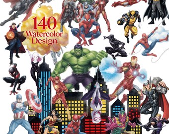 4000px Watercolor Superhero Clipart Bundle, Marvel-Style Heroes PNG, Digital Download