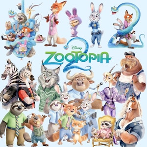 Puede incluir: Ilustración colorida con personajes de la película de Disney Zootopia. La imagen incluye varios animales antropomórficos como zorros, conejos y perezosos, con el título de la película en verde y azul.