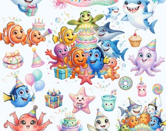 4000px Finding Nemo Birthday WaterColor Clipart, Finding Dory PNG Cliparts Bundle, Finding Nemo Sublimation Bundle,Themed Birthday Party PNG