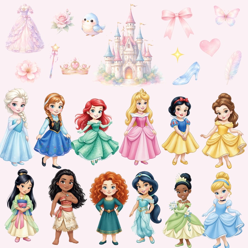 4000px 30 PNG Little Baby Princess Clipart Bundle, Fairytale Girls, Storybook Princesses Clip Art, Kids Party, Nursery Decor, Commercial Use image 2