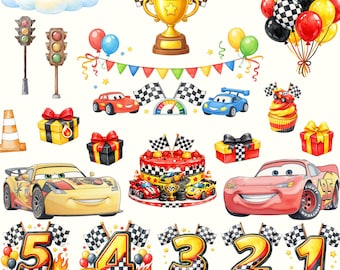 Cars Birthday Boy Watercolor Bundle, Lightning Mcqueen watercolor Png, Cars Clipart, Handdrawn watercolor Mater, Instant Digital Download