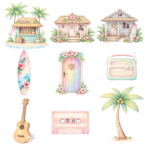 Peut inclure: Illustration &agrave; l'aquarelle d'&eacute;l&eacute;ments de plage tropicaux. Comprend une planche de surf, un ukul&eacute;l&eacute;, une radio, une cassette, des palmiers et des cabanes de plage. La palette de couleurs pr&eacute;sente des roses, bleus et verts pastel, &eacute;voquant l'&eacute;t&eacute; et la d&eacute;tente.