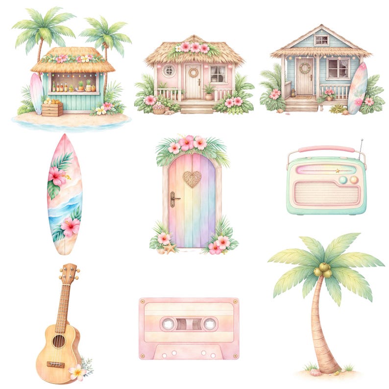 Peut inclure: Illustration &agrave; l'aquarelle d'&eacute;l&eacute;ments de plage tropicaux. Comprend une planche de surf, un ukul&eacute;l&eacute;, une radio, une cassette, des palmiers et des cabanes de plage. La palette de couleurs pr&eacute;sente des roses, bleus et verts pastel, &eacute;voquant l'&eacute;t&eacute; et la d&eacute;tente.